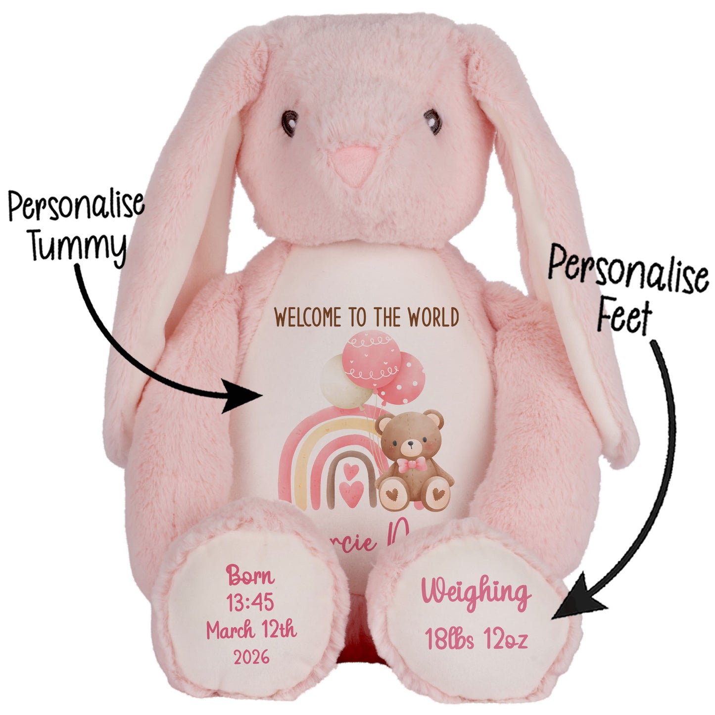 Pink Rainbow Bear Balloons New Baby Personalised Teddy Bear