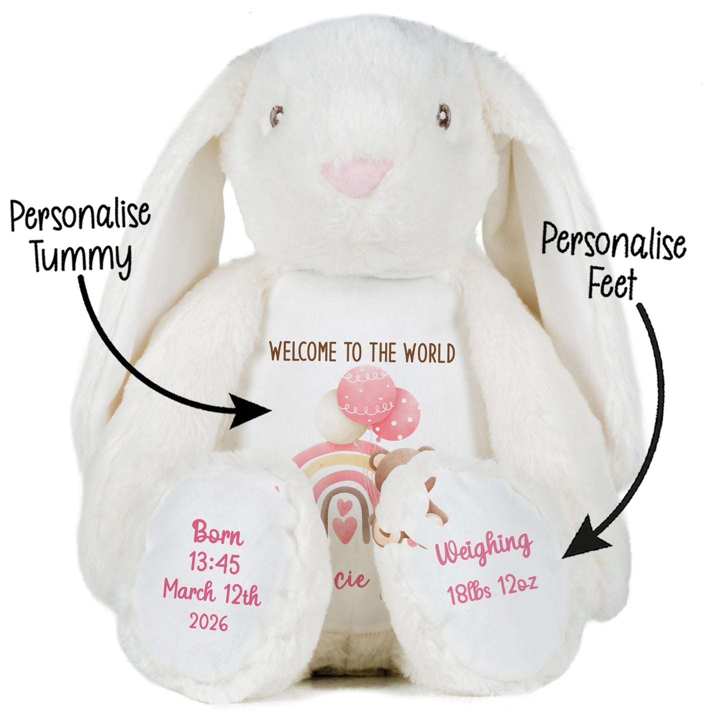 Pink Rainbow Bear Balloons New Baby Personalised Teddy Bear