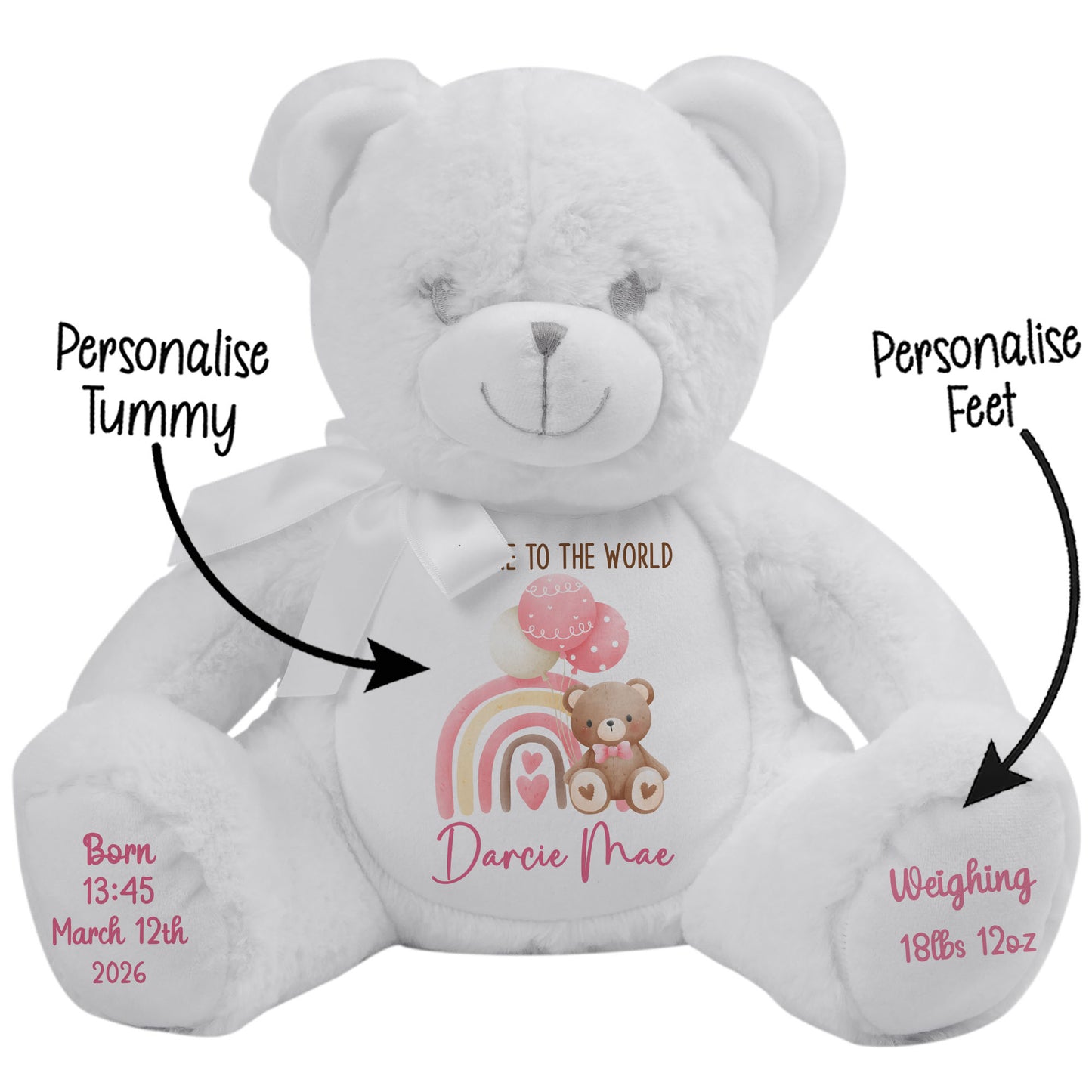 Pink Rainbow Bear Balloons New Baby Personalised Teddy Bear