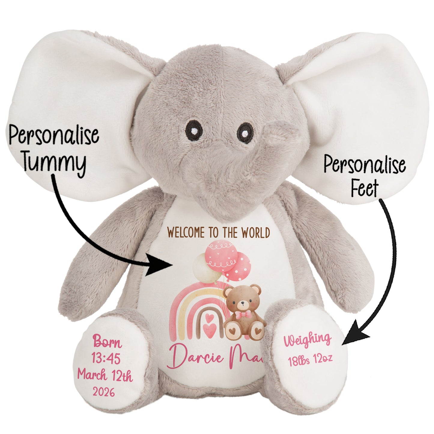 Pink Rainbow Bear Balloons New Baby Personalised Teddy Bear