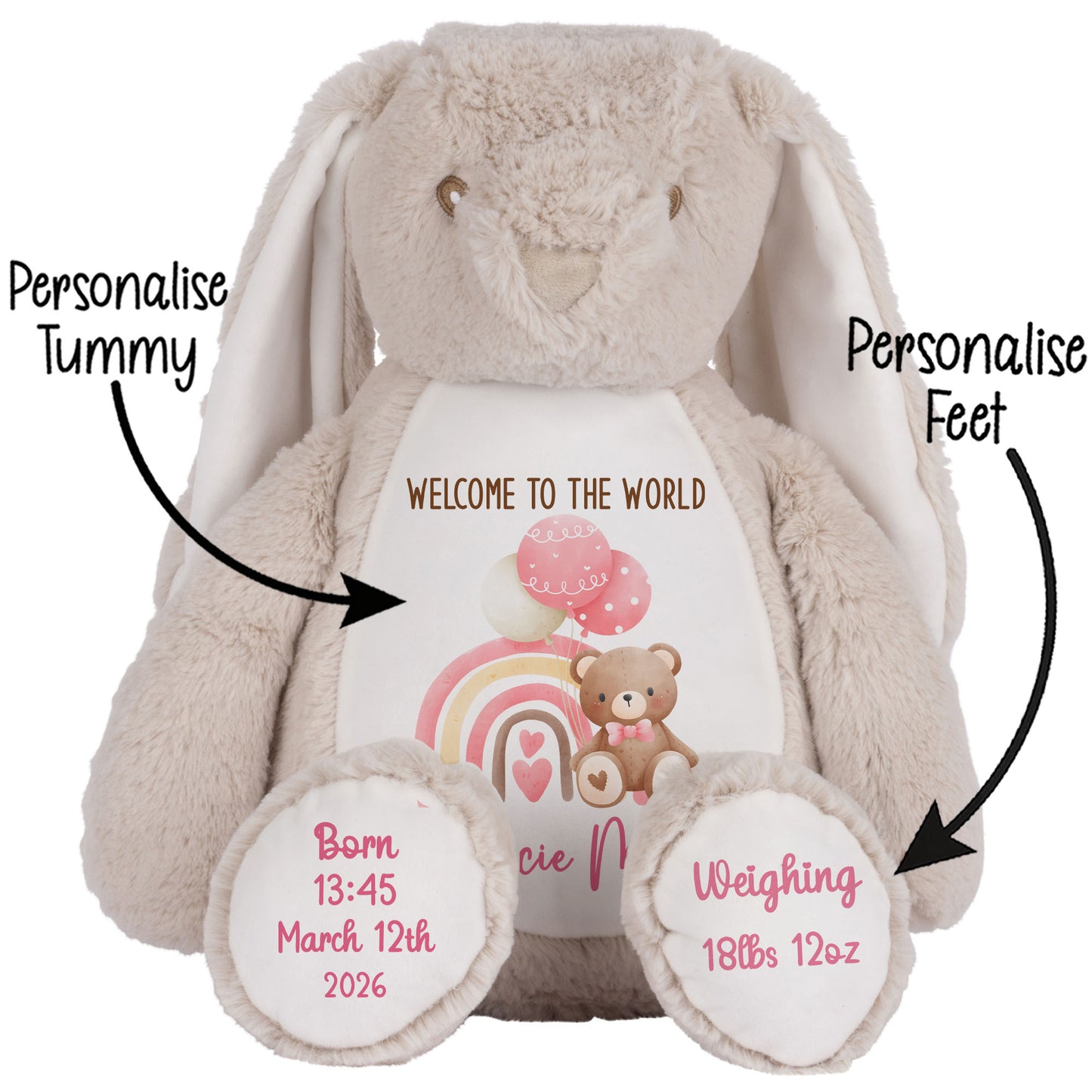Pink Rainbow Bear Balloons New Baby Personalised Teddy Bear