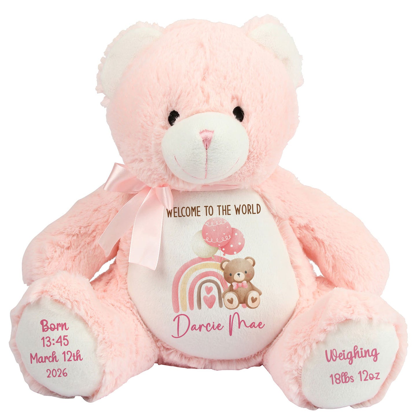 Pink Rainbow Bear Balloons New Baby Personalised Teddy Bear