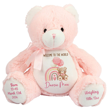 Pink Rainbow Bear Balloons New Baby Personalised Teddy Bear