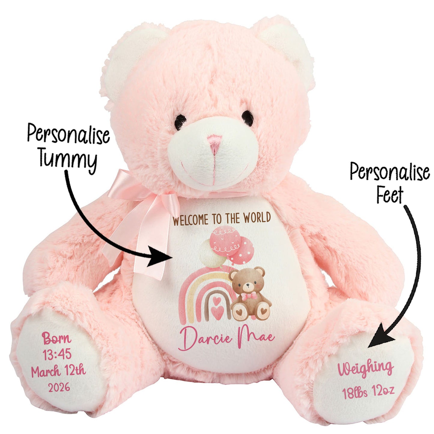 Pink Rainbow Bear Balloons New Baby Personalised Teddy Bear