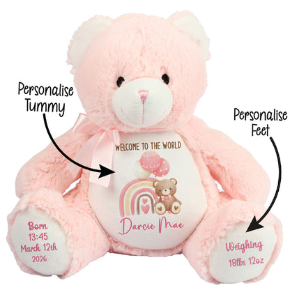 Pink Rainbow Bear Balloons New Baby Personalised Teddy Bear