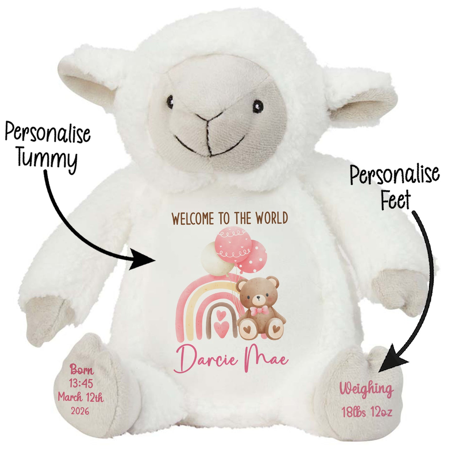 Pink Rainbow Bear Balloons New Baby Personalised Teddy Bear