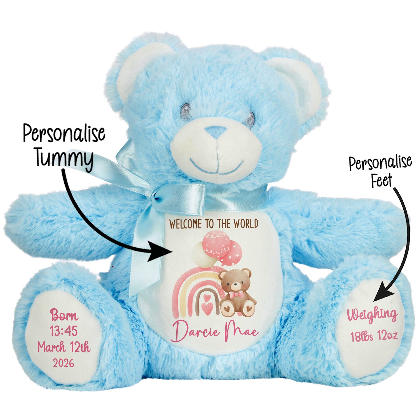 Pink Rainbow Bear Balloons New Baby Personalised Teddy Bear