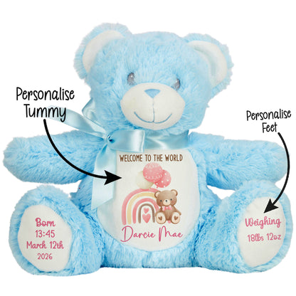 Pink Rainbow Bear Balloons New Baby Personalised Teddy Bear
