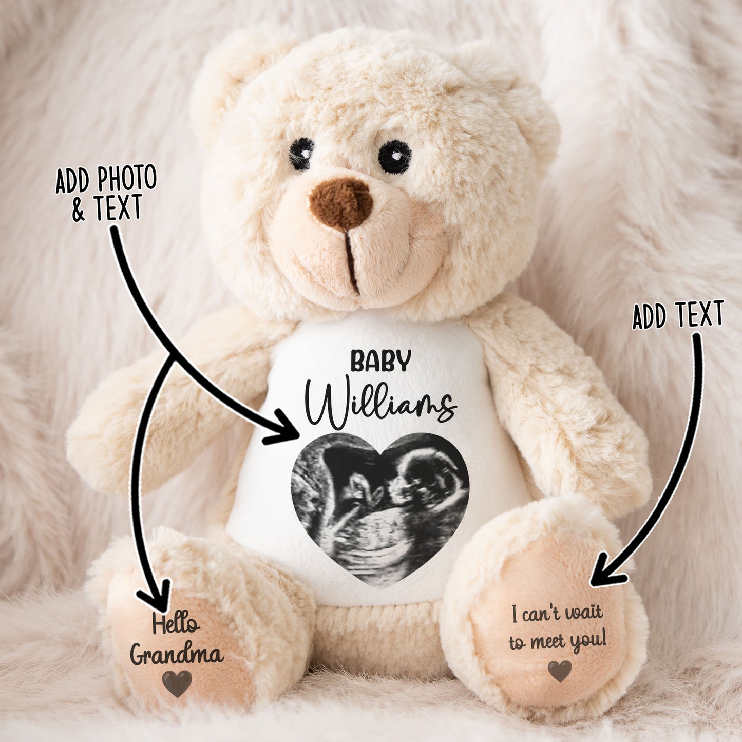 Personalised teddy bear with personalisation arrows