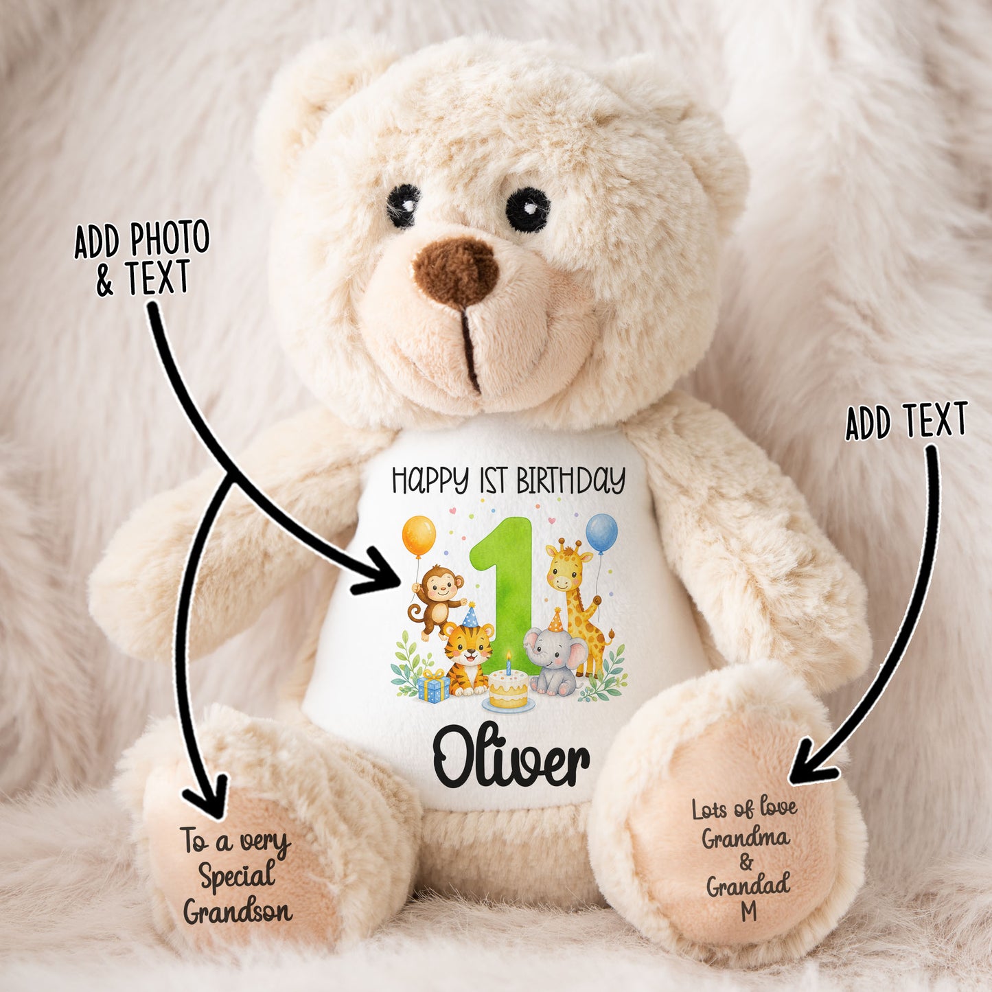Personalised teddy bear with personalisation arrows