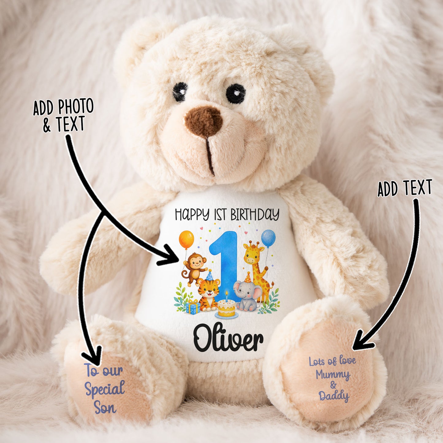 Personalised teddy bear with personalisation arrows