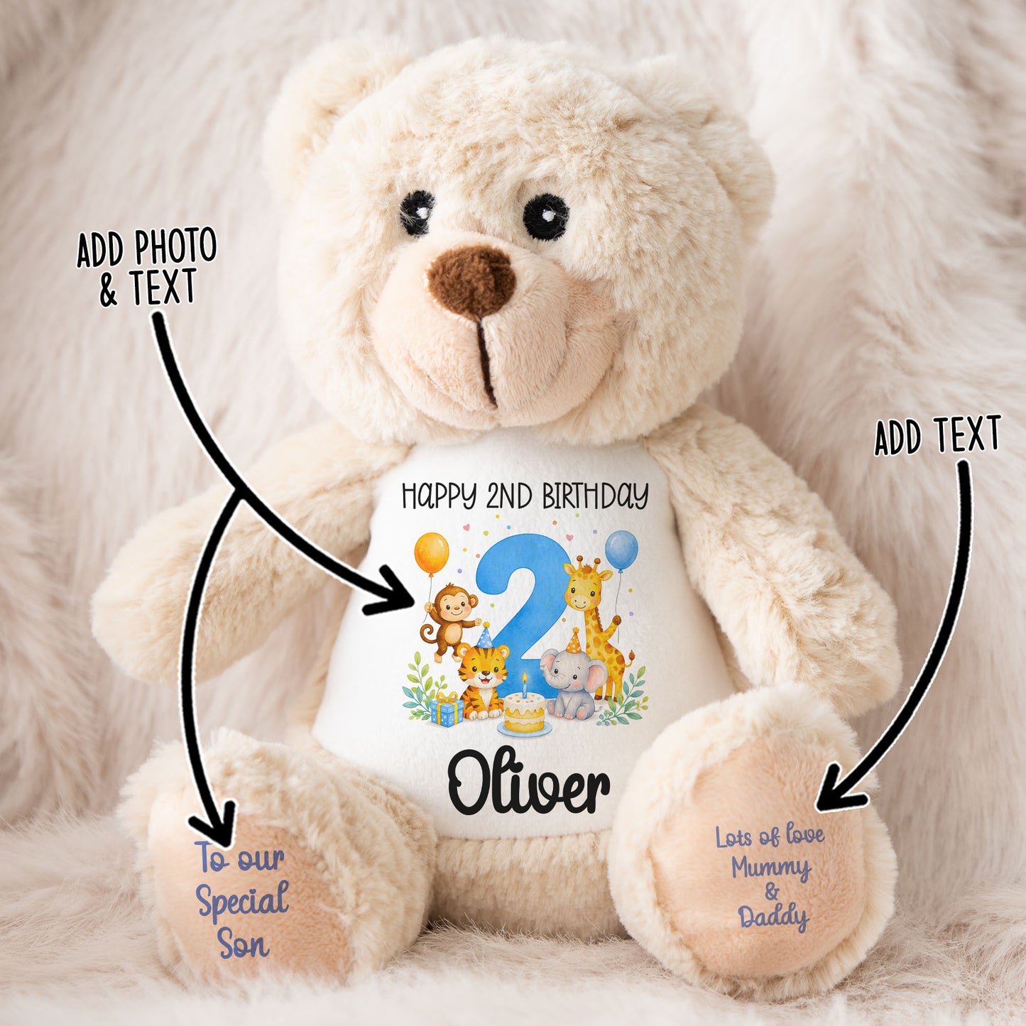 Personalised teddy bear with personalisation arrows