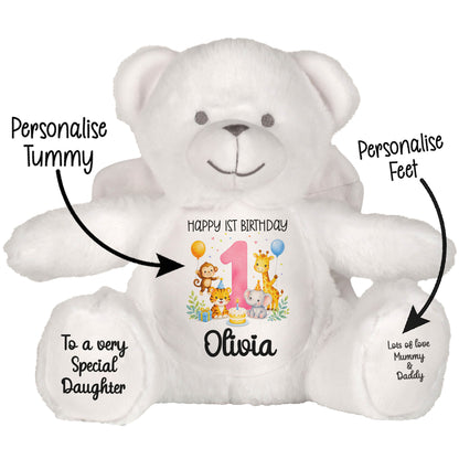 Personalised Baby Girl 1st Birthday Teddy Bear - Pink Safari Animal Name Age 1