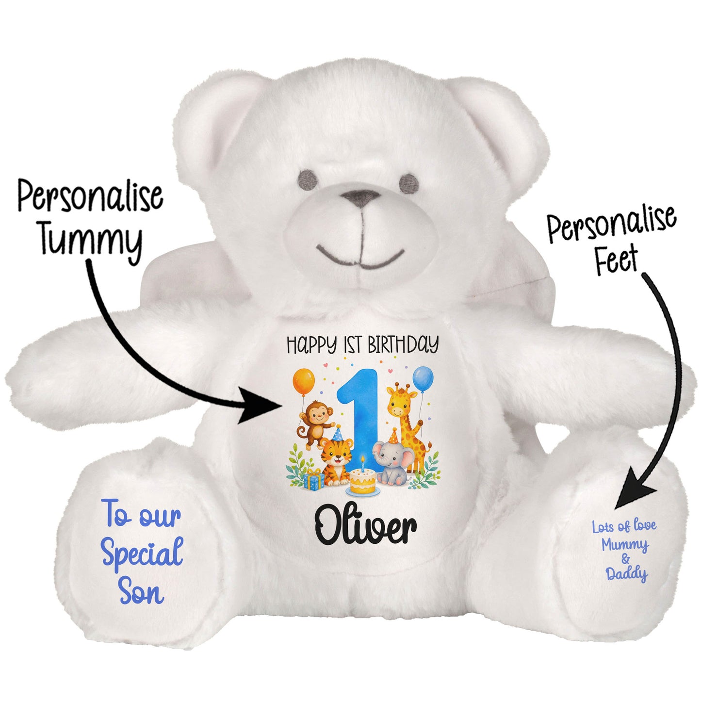 Personalised 1st Birthday Blue Safari Party Teddy Bears