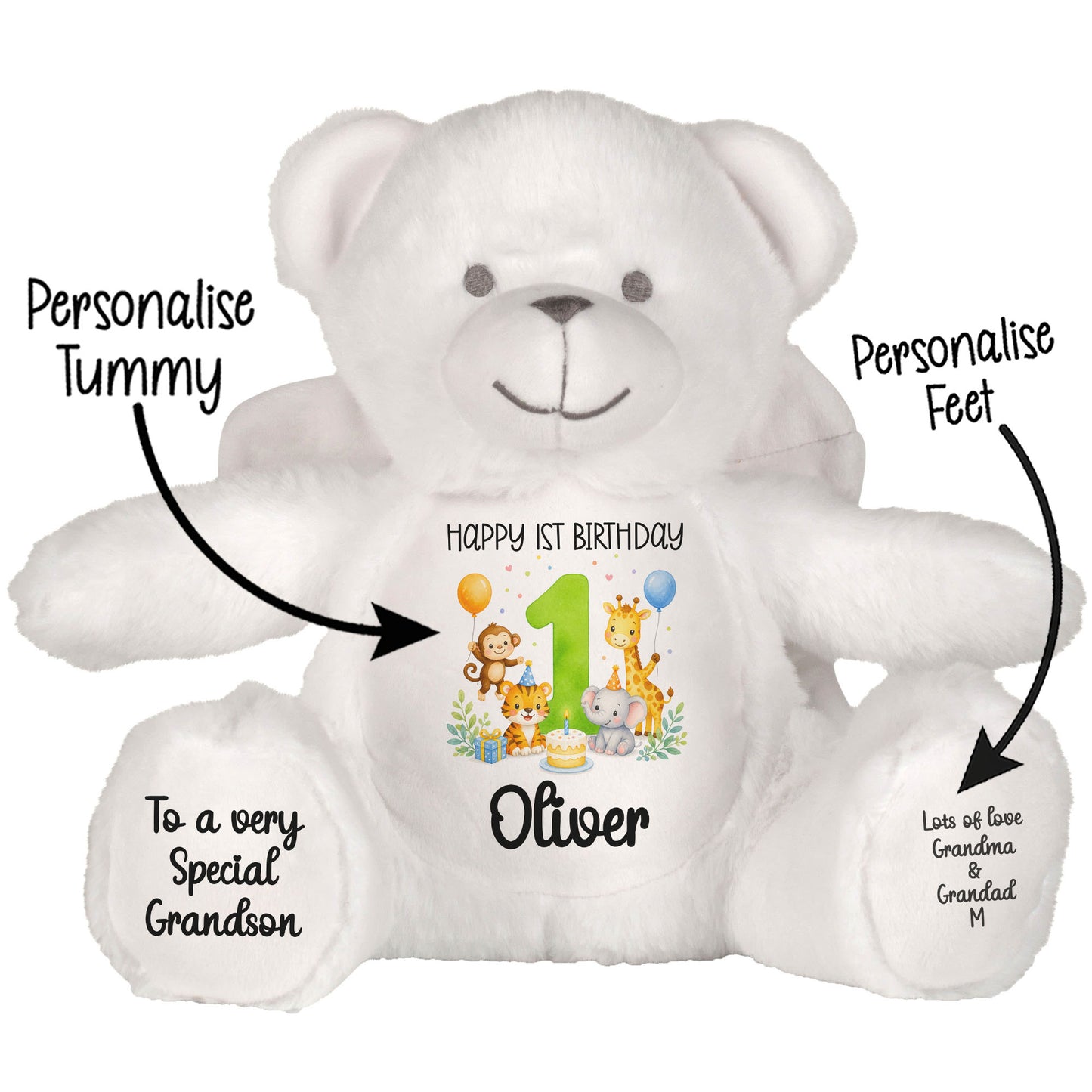 Personalised 1st Birthday Teddy Bear – Safari Animal Party Green Age 1