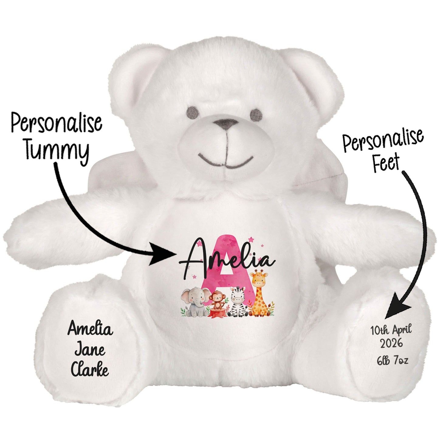 Personalised New Baby Girl Teddy Bear with Pink Letter Initial & Name Text - Animal Safari Design