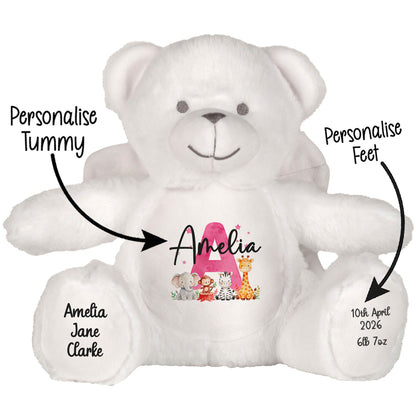 Personalised New Baby Girl Teddy Bear with Pink Letter Initial & Name Text - Animal Safari Design