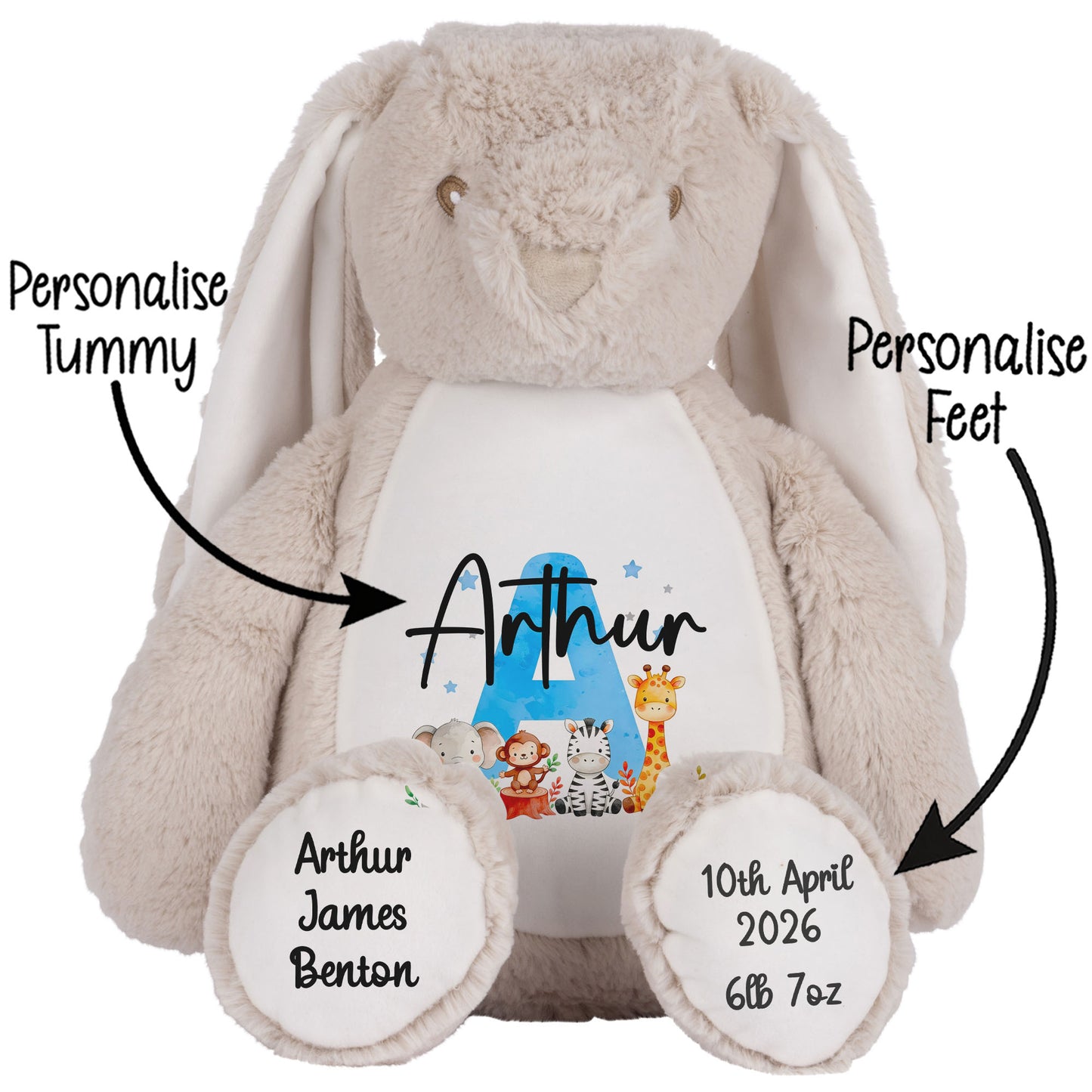 Personalised New Baby Boy Teddy Bear with Blue Letter Initial & Name Text - Animal Safari