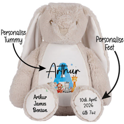 Personalised New Baby Boy Teddy Bear with Blue Letter Initial & Name Text - Animal Safari