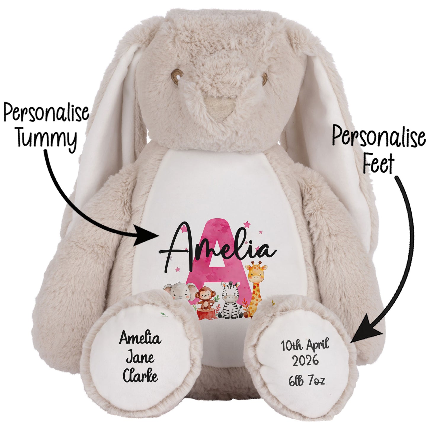 Personalised New Baby Girl Teddy Bear with Pink Letter Initial & Name Text - Animal Safari Design