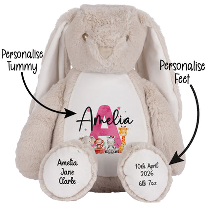Personalised New Baby Girl Teddy Bear with Pink Letter Initial & Name Text - Animal Safari Design