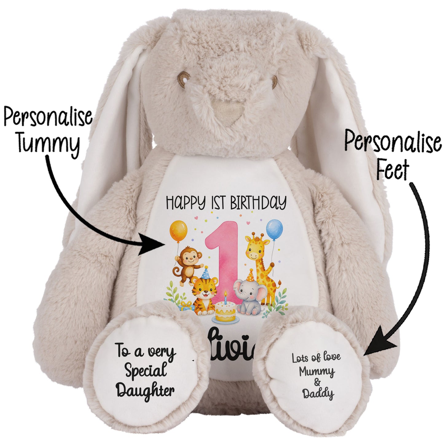 Personalised Baby Girl 1st Birthday Teddy Bear - Pink Safari Animal Name Age 1
