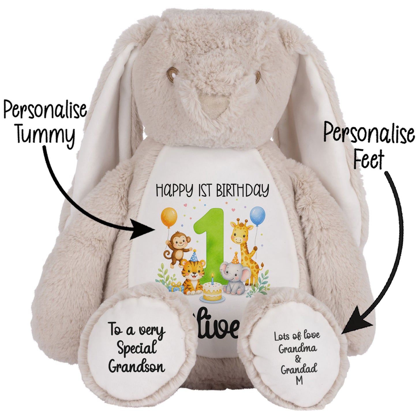 Personalised 1st Birthday Teddy Bear – Safari Animal Party Green Age 1