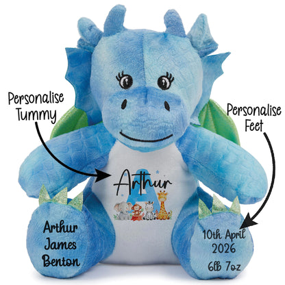 Personalised New Baby Boy Teddy Bear with Blue Letter Initial & Name Text - Animal Safari