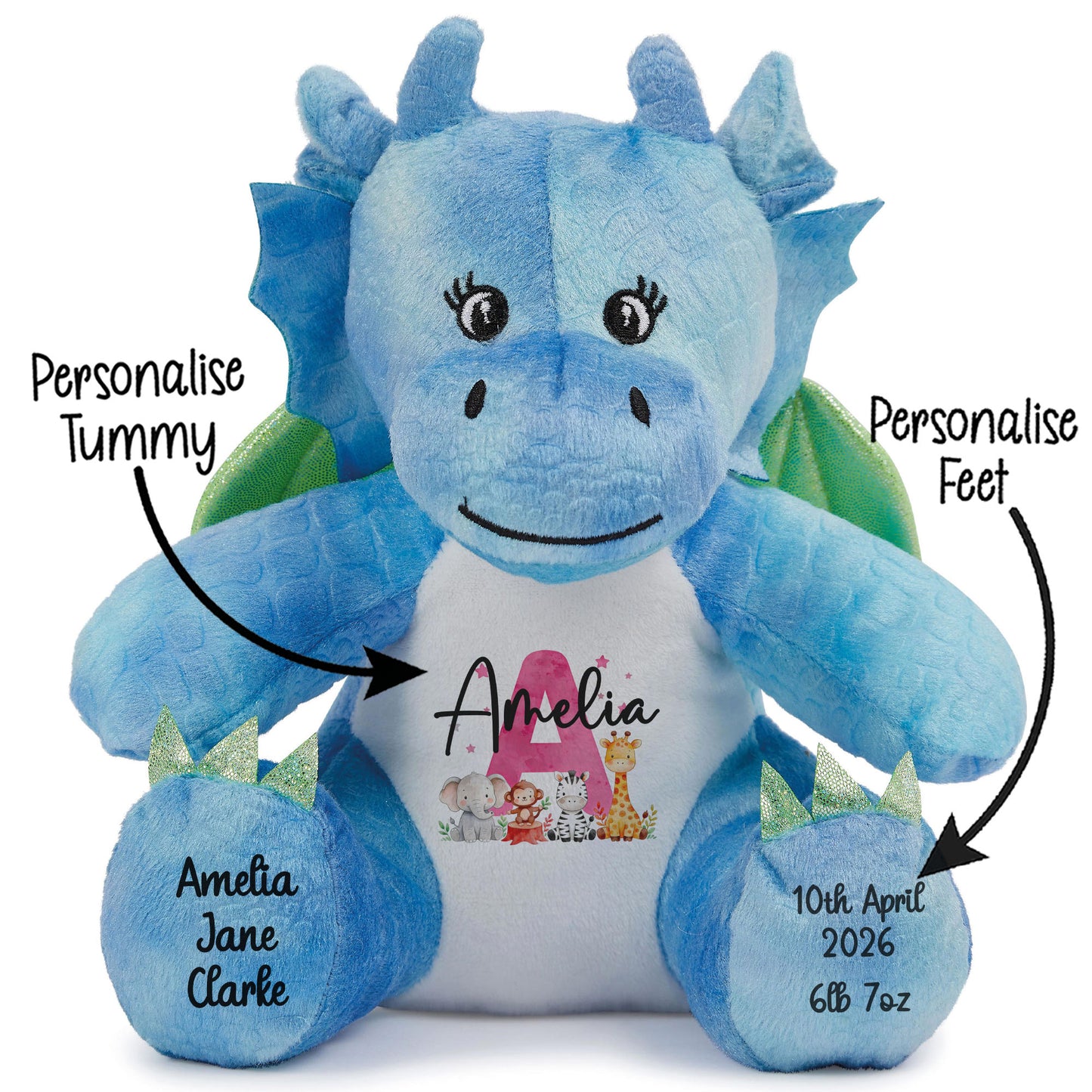 Personalised New Baby Girl Teddy Bear with Pink Letter Initial & Name Text - Animal Safari Design