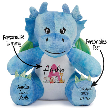 Personalised New Baby Girl Teddy Bear with Pink Letter Initial & Name Text - Animal Safari Design