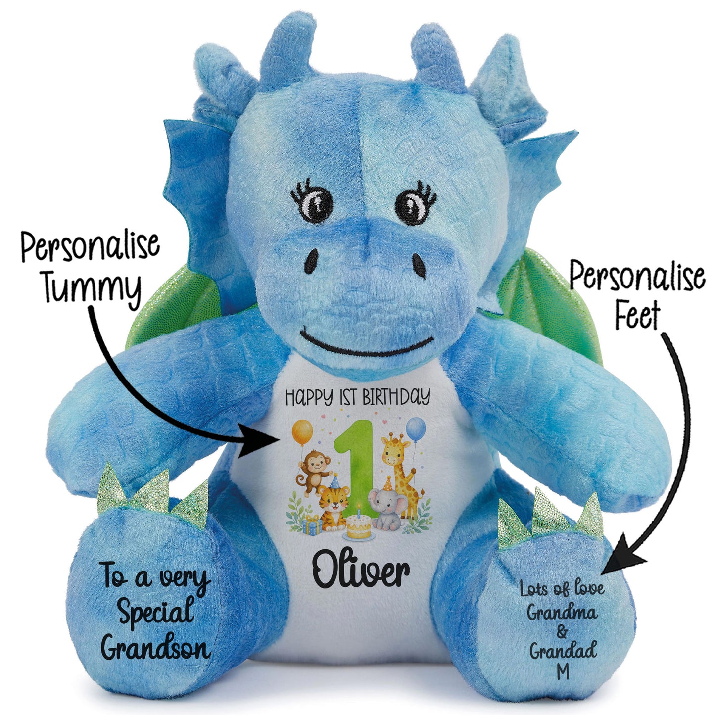 Personalised 1st Birthday Teddy Bear – Safari Animal Party Green Age 1