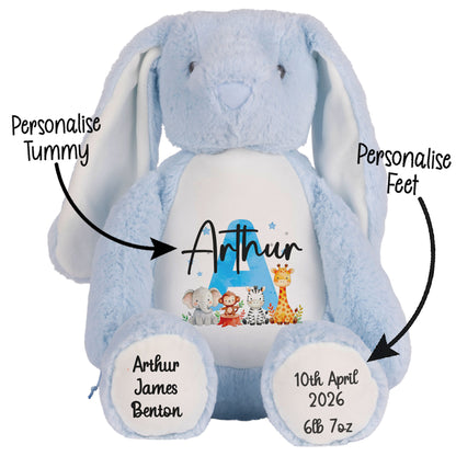 Personalised New Baby Boy Teddy Bear with Blue Letter Initial & Name Text - Animal Safari