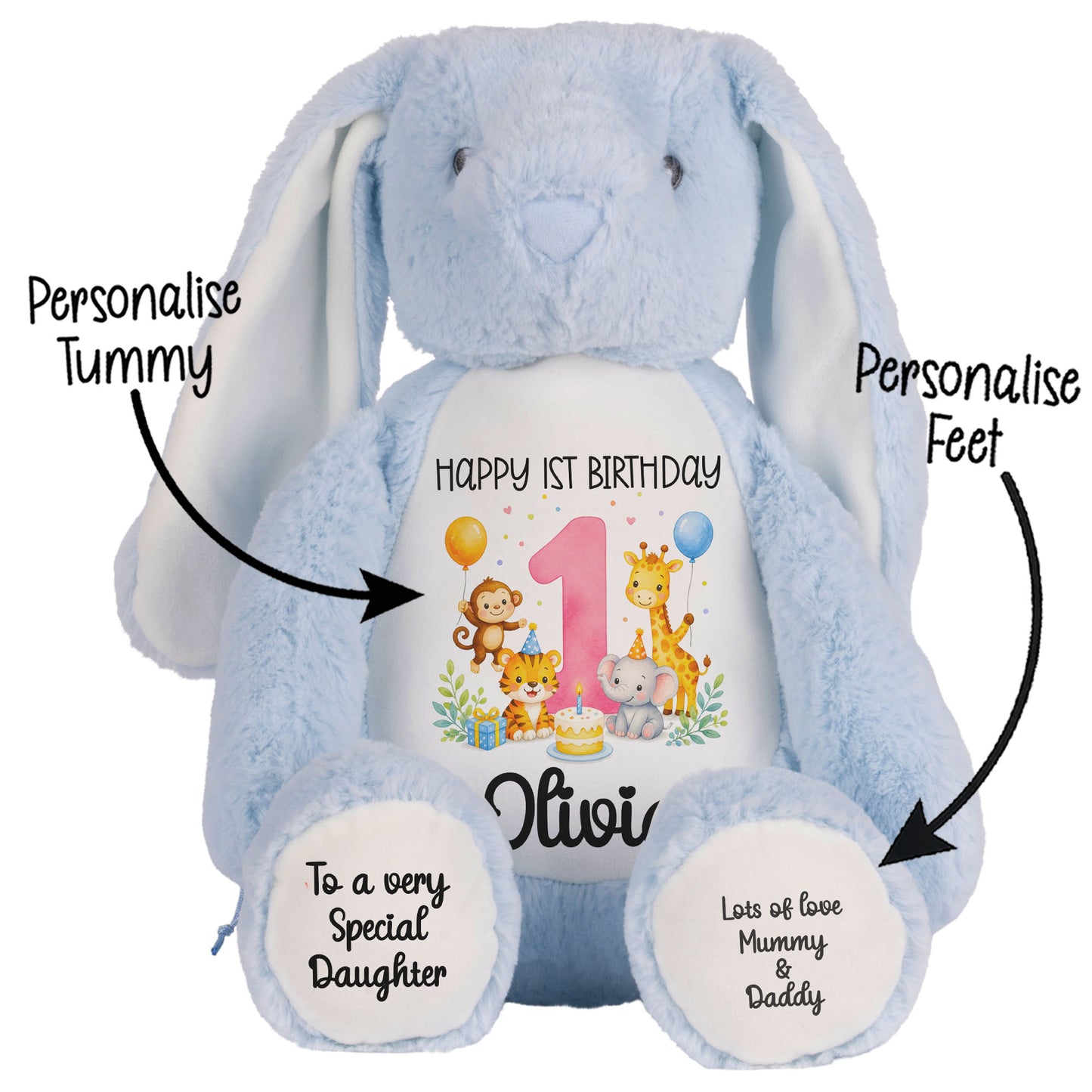 Personalised Baby Girl 1st Birthday Teddy Bear - Pink Safari Animal Name Age 1