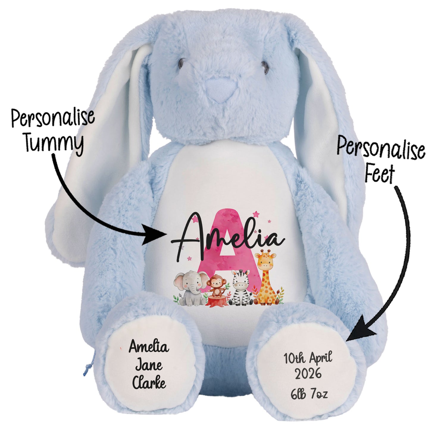 Personalised New Baby Girl Teddy Bear with Pink Letter Initial & Name Text - Animal Safari Design