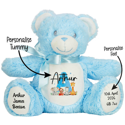 Personalised New Baby Boy Teddy Bear with Blue Letter Initial & Name Text - Animal Safari