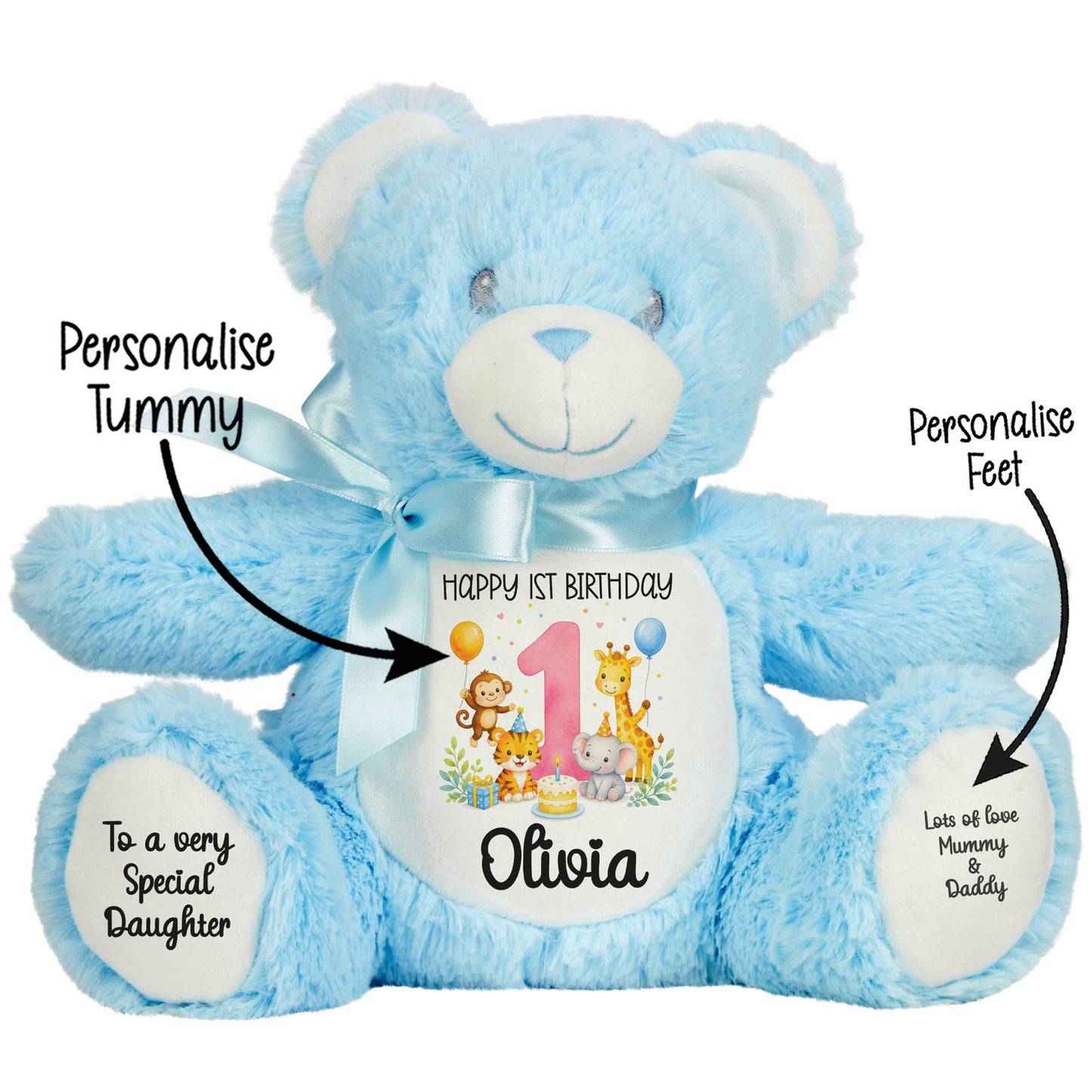 Personalised Baby Girl 1st Birthday Teddy Bear - Pink Safari Animal Name Age 1