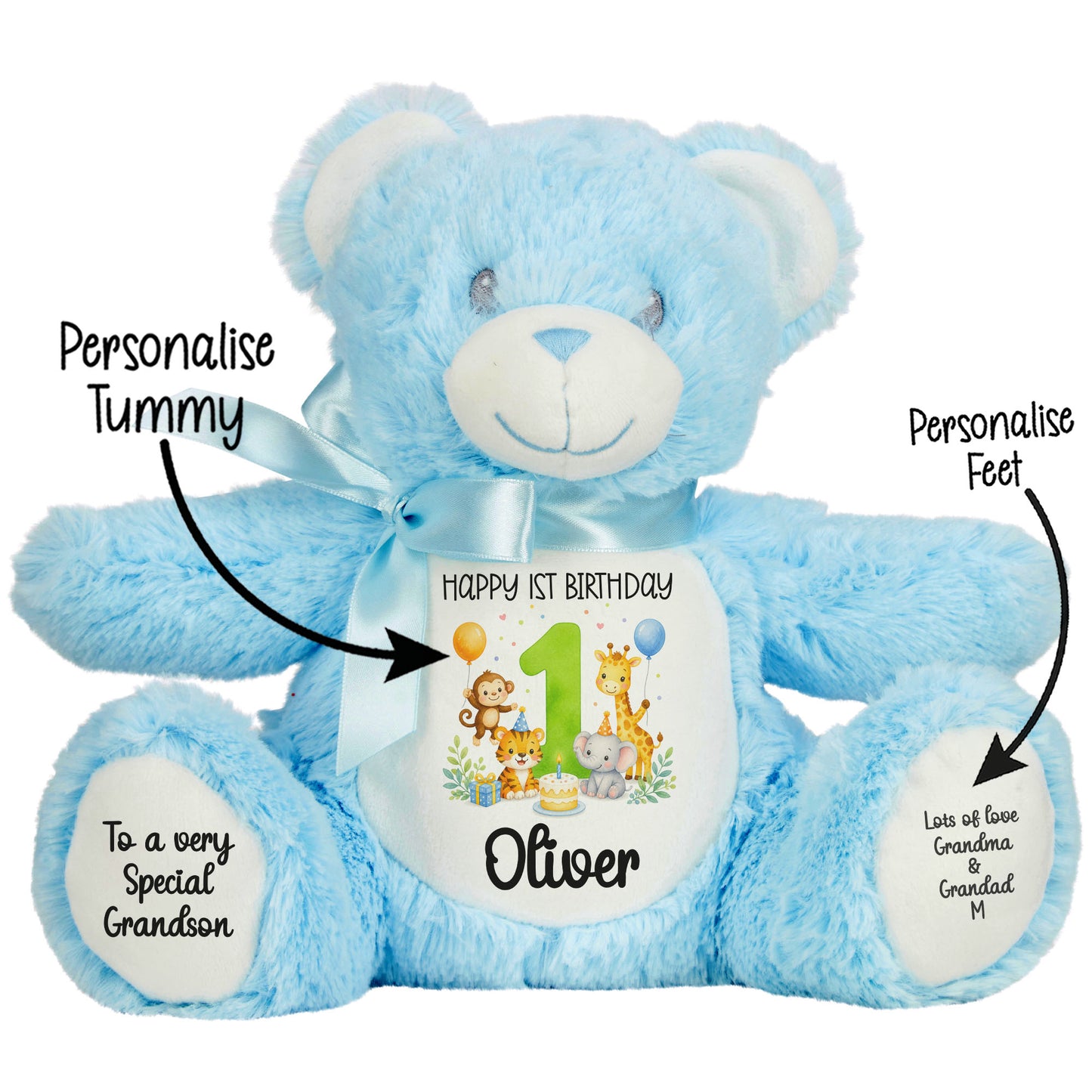 Personalised 1st Birthday Teddy Bear – Safari Animal Party Green Age 1