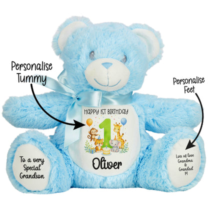 Personalised 1st Birthday Teddy Bear – Safari Animal Party Green Age 1
