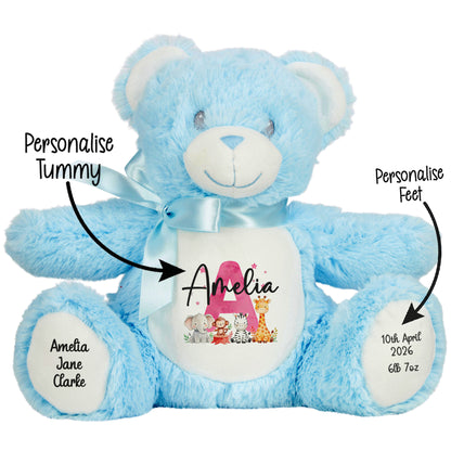 Personalised New Baby Girl Teddy Bear with Pink Letter Initial & Name Text - Animal Safari Design