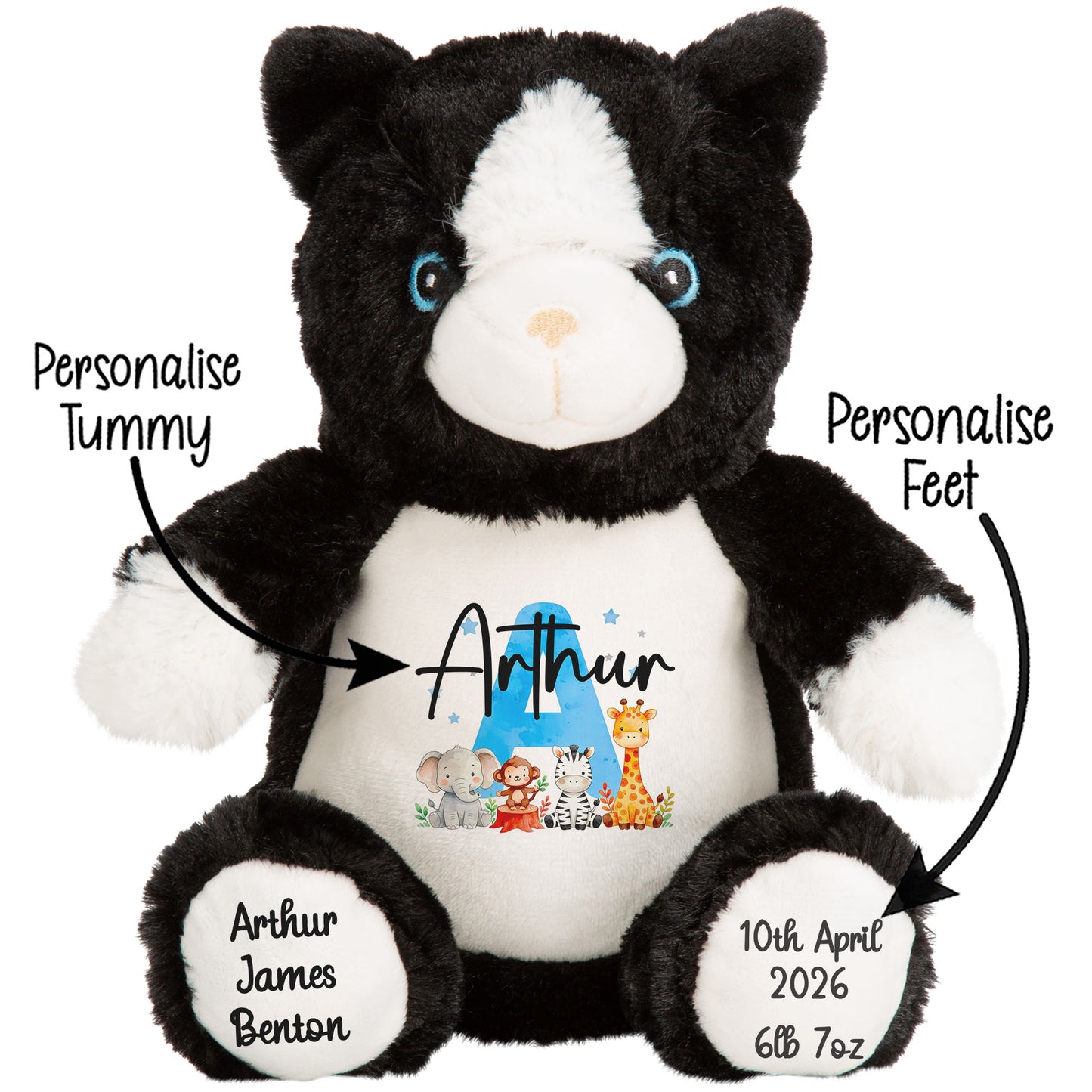 Personalised New Baby Boy Teddy Bear with Blue Letter Initial & Name Text - Animal Safari
