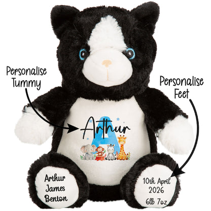 Personalised New Baby Boy Teddy Bear with Blue Letter Initial & Name Text - Animal Safari