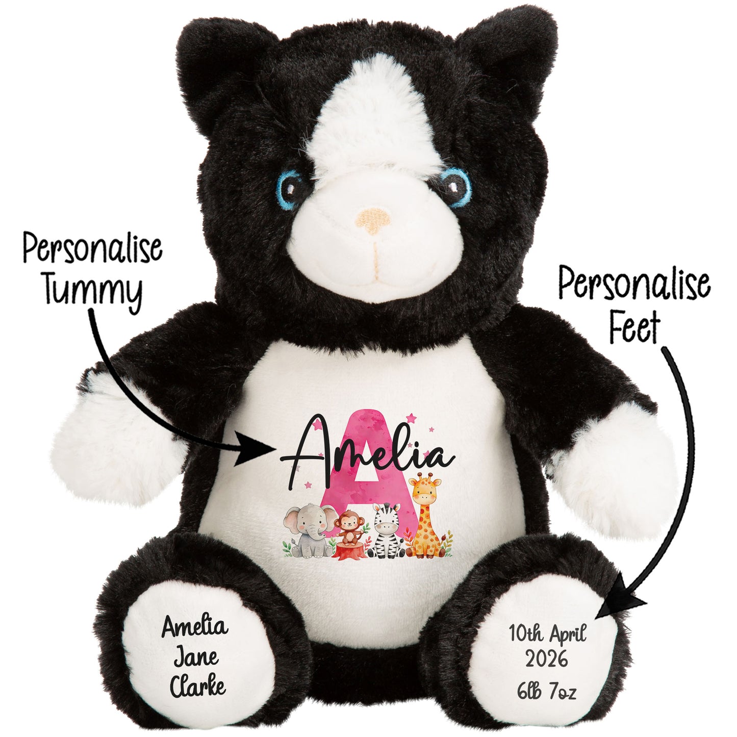 Personalised New Baby Girl Teddy Bear with Pink Letter Initial & Name Text - Animal Safari Design