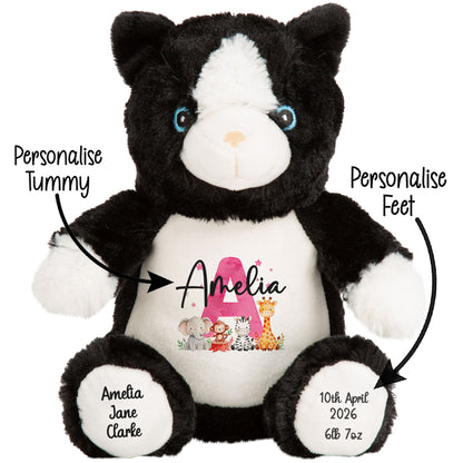 Personalised New Baby Girl Teddy Bear with Pink Letter Initial & Name Text - Animal Safari Design