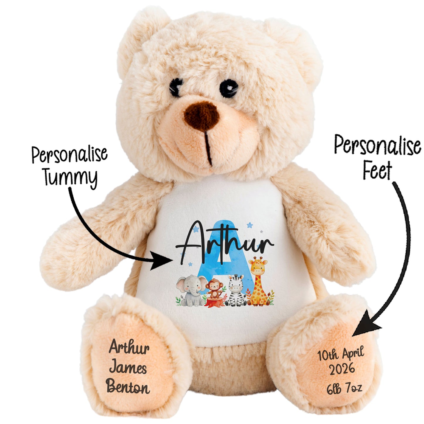 Personalised New Baby Boy Teddy Bear with Blue Letter Initial & Name Text - Animal Safari