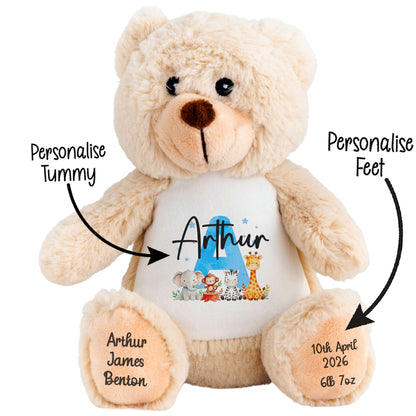 Personalised New Baby Boy Teddy Bear with Blue Letter Initial & Name Text - Animal Safari