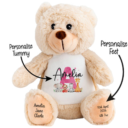 Personalised New Baby Girl Teddy Bear with Pink Letter Initial & Name Text - Animal Safari Design