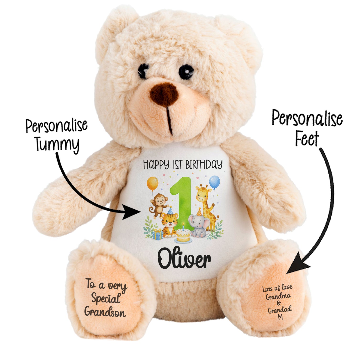 Personalised 1st Birthday Teddy Bear – Safari Animal Party Green Age 1
