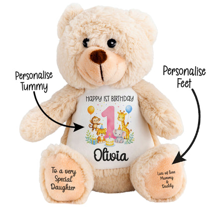 Personalised Baby Girl 1st Birthday Teddy Bear - Pink Safari Animal Name Age 1