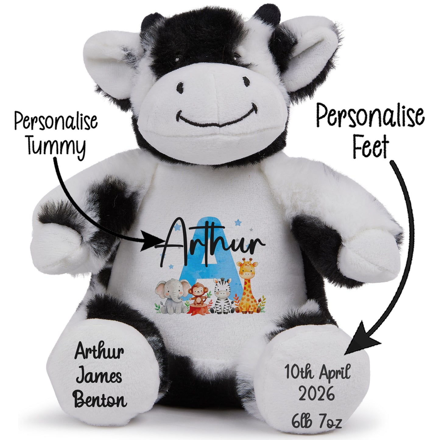Personalised New Baby Boy Teddy Bear with Blue Letter Initial & Name Text - Animal Safari