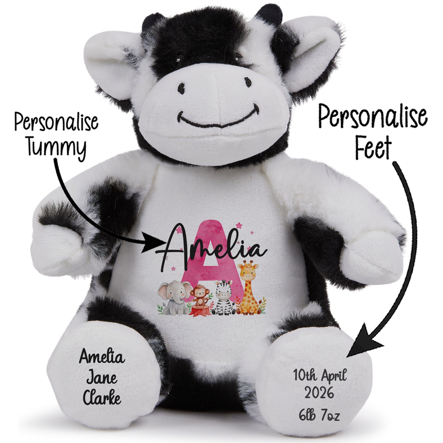 Personalised New Baby Girl Teddy Bear with Pink Letter Initial & Name Text - Animal Safari Design